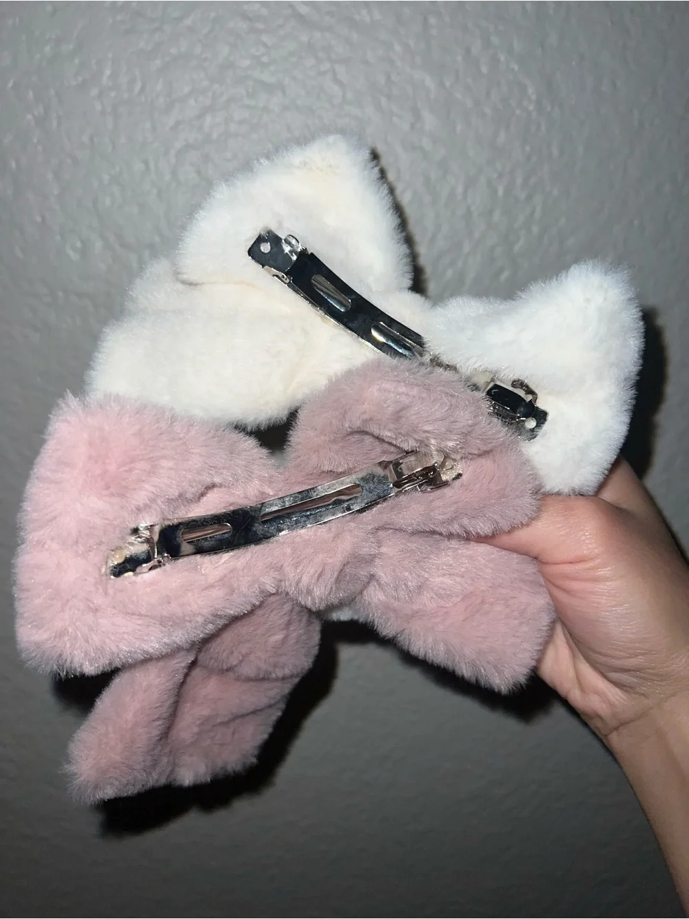 Zara Faux Fur Bow Hair Clips - Pink and White